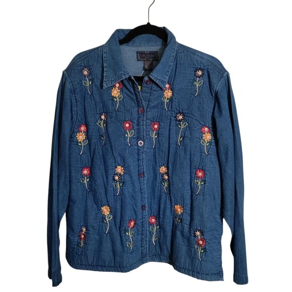 Vintage Life Style Plus Woman's Cotton Floral Embroidered Button Front Shirt - Picture 1 of 9